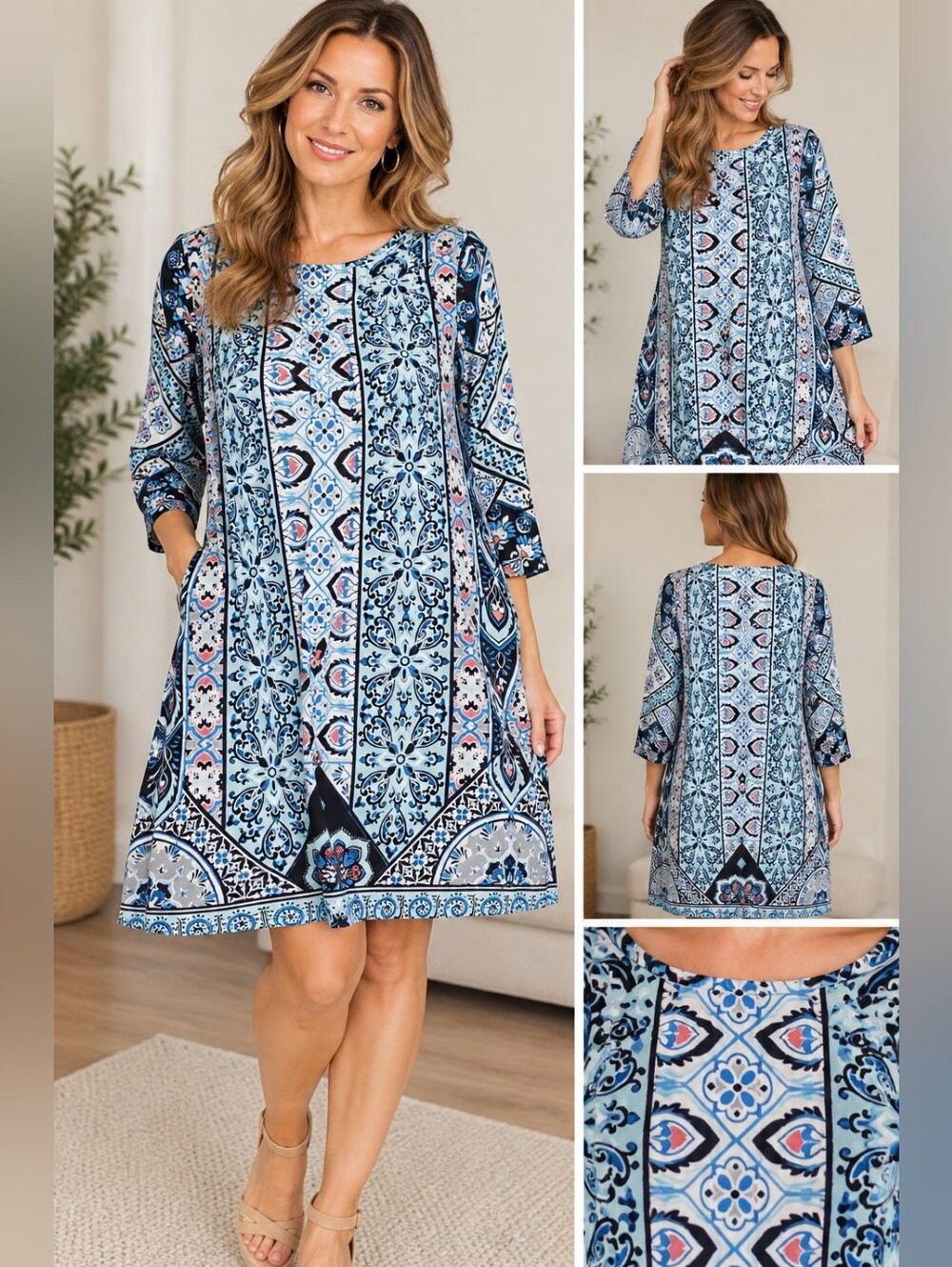 New directions Women's XL blue floral knee length dress #26